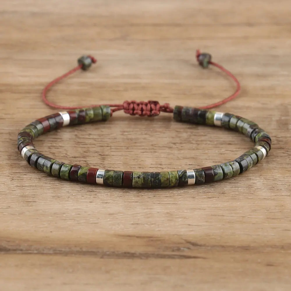 Natural Blue Emperor Stone Beaded Bracelet – Polished Block Beads, Adjustable Woven Rope Women’s Gift Jewelry