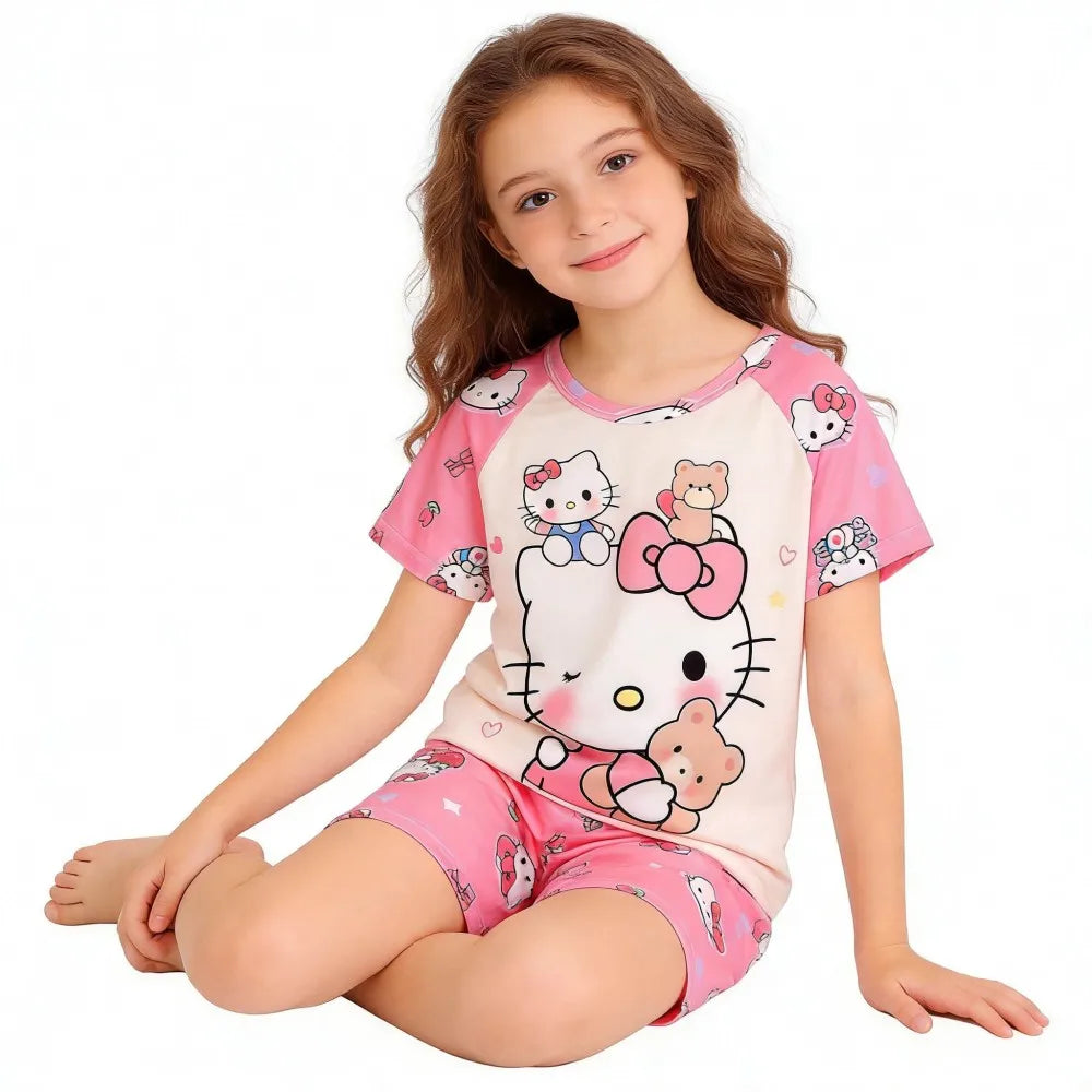 Girls’ Summer Pajama Set – Hello Kitty & Kuromi Tops with Shorts, Sleepwear for Ages 3-12