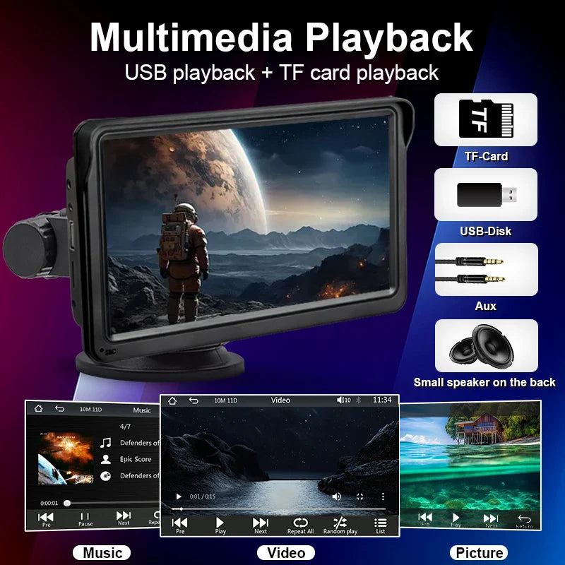 7-Inch Portable CarPlay & Android Auto Multimedia Player — Touch Screen Car Radio with Bluetooth 5.0, AUX & USB