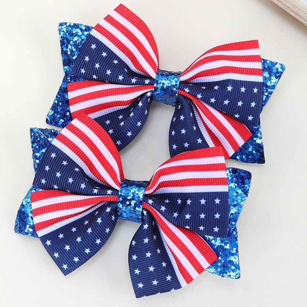 2pcs USA Flag Bow Hair Clips - Red White Blue Patriotic Ribbon Barrettes for 4th of July Party Accessories