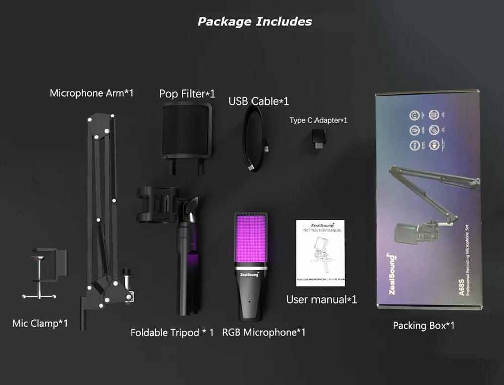 Zealsound RGB USB Condenser Microphone with Articulated Arm & Tripod – Gaming, Podcasting, Streaming, YouTube Recording Mic