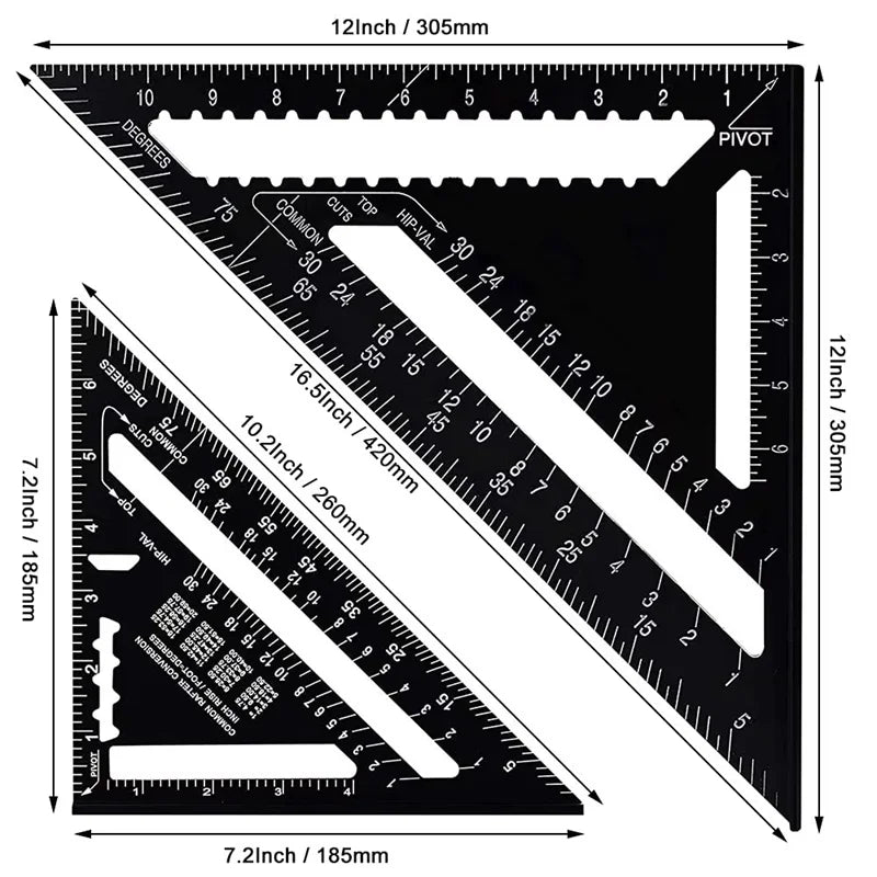 Metric Triangle Ruler for Woodworking | 7" & 12" Alloy Metal Carpenter Measuring Layout Tool