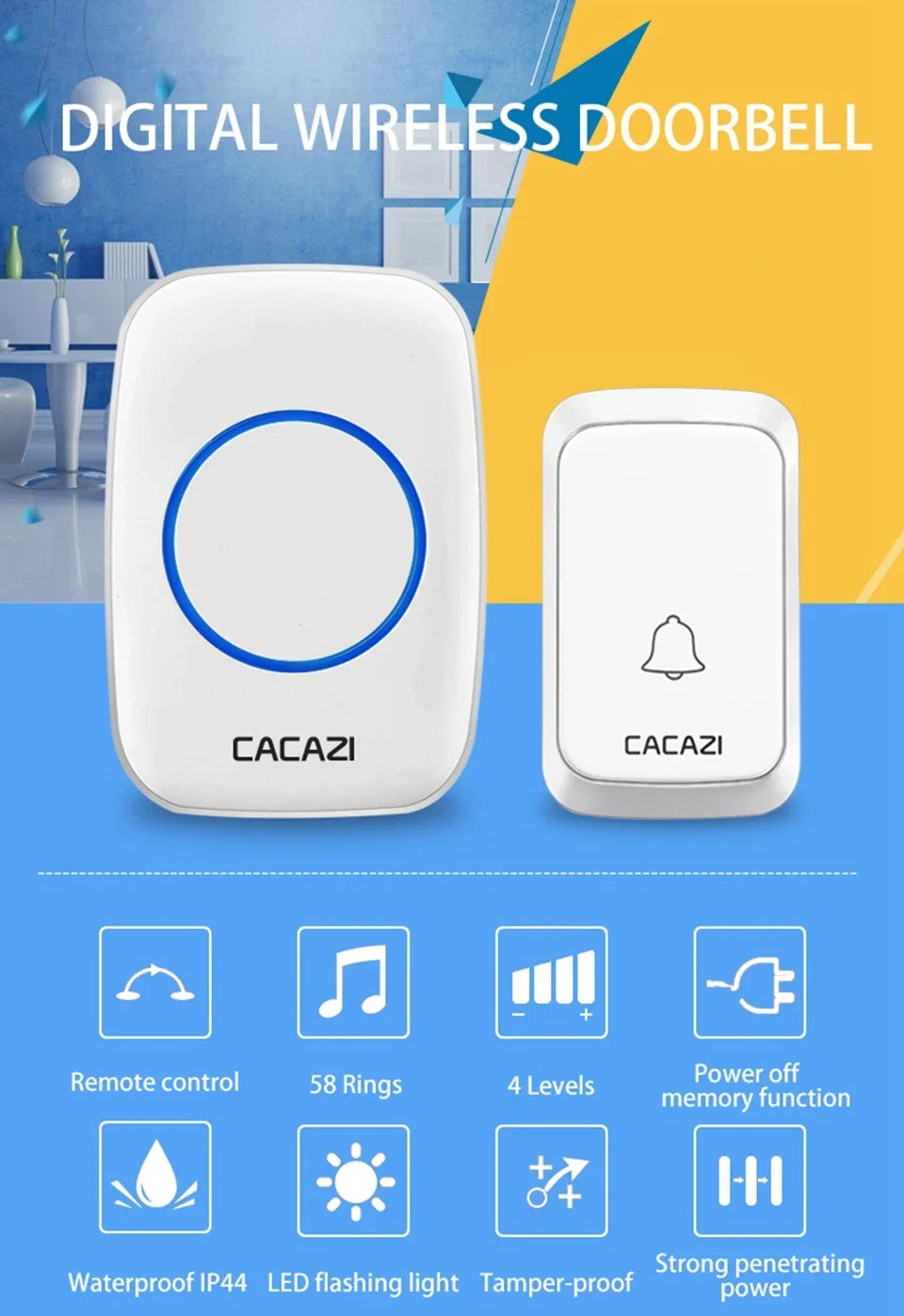 CACAZI A06 DC Battery-Operated Wireless Waterproof Doorbell – 300M Remote, 36 Chimes, Cordless Home Call Bell