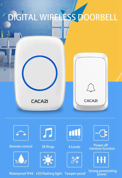 CACAZI A06 DC Battery-Operated Wireless Waterproof Doorbell – 300M Remote, 36 Chimes, Cordless Home Call Bell