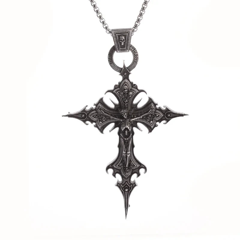 Gothic Skull Jesus Cross Necklace – Punk Catholic Amulet Jewelry for Men, Religious Pendant