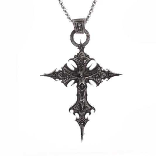 Gothic Skull Jesus Cross Necklace – Punk Catholic Amulet Jewelry for Men, Religious Pendant