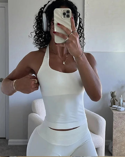 Women’s Strappy Gym Tank Top – Padded Sports Bra Backless Seamless Yoga Crop Top Halter Fitness Vest Activewear