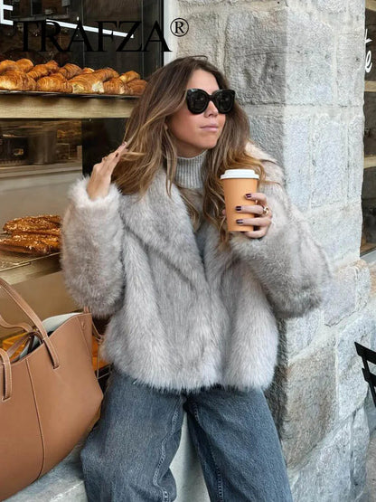 TRAF 2024 Women's Cropped Faux Fur Jacket – Chic Lapel Collar, Long Sleeve, Front Snap-Button Thick Coat
