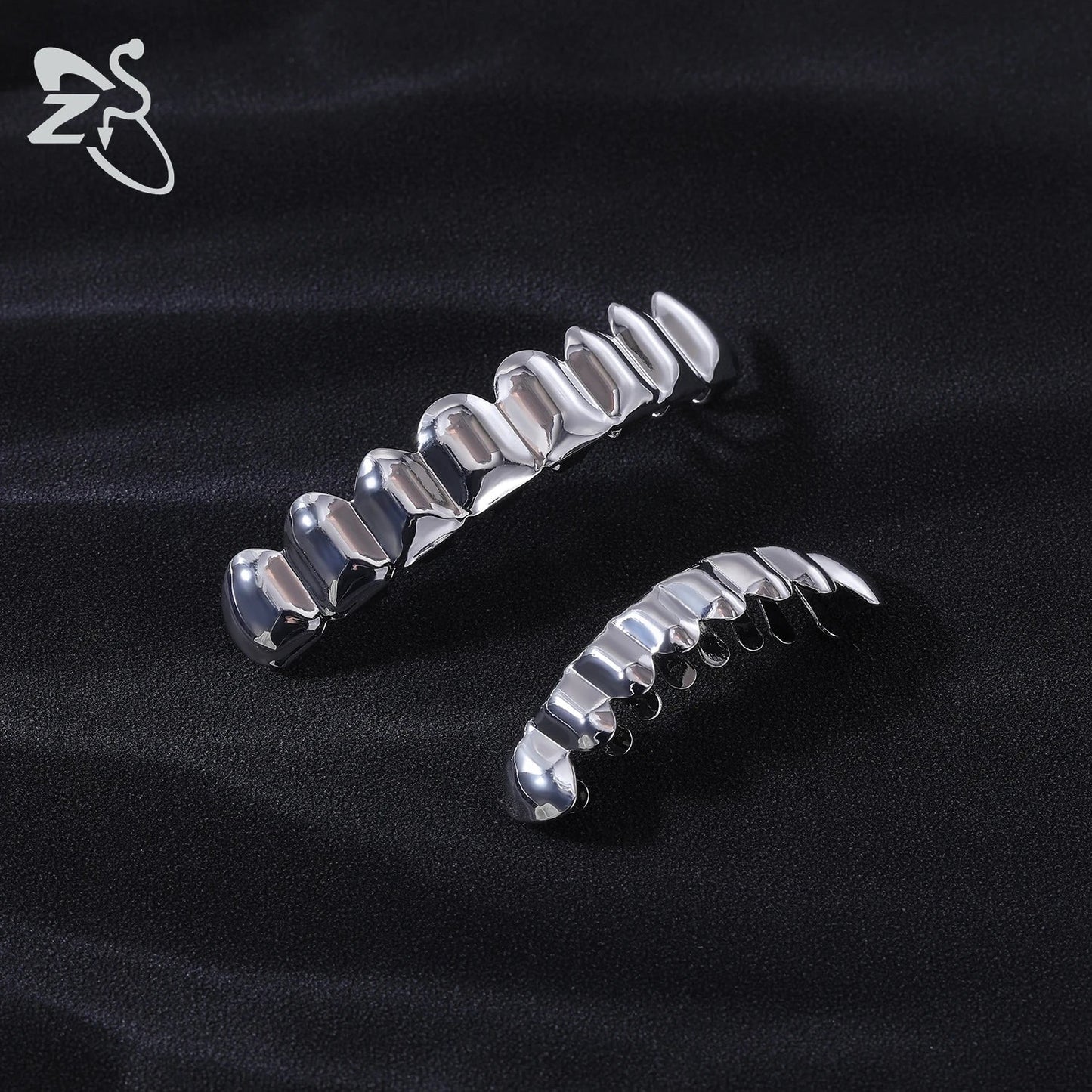 ZS Hip Hop Grillz – Silver/Gold Plated CZ Crystal Cross & Rose Star Tooth Cap, Top & Bottom Set