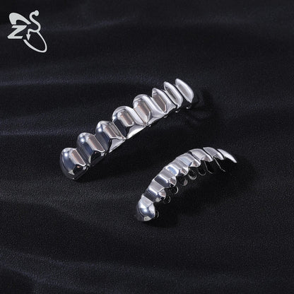 ZS Hip Hop Grillz – Silver/Gold Plated CZ Crystal Cross & Rose Star Tooth Cap, Top & Bottom Set