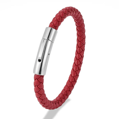 MKENDN Red Braided Leather Bracelet - 6mm Stainless Steel Button Unisex Couple Jewelry Gift Classic Simple Design