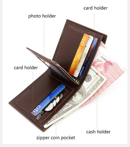 Personalized Men’s Short Wallet – High-Quality Classic Card Holder with Zipper Coin Pocket & Money Clip