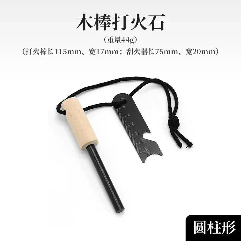 Wilderness Survival Flint Kit – Portable Magnesium Fire Starter with Wooden Handle for Camping & Outdoor