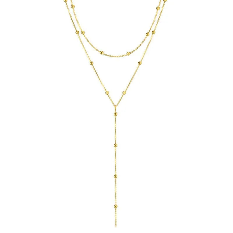 Gold Plated Lariat Necklace – Double Layered Long Chain Drop Pendant Choker for Women, Fashion Jewelry Gift