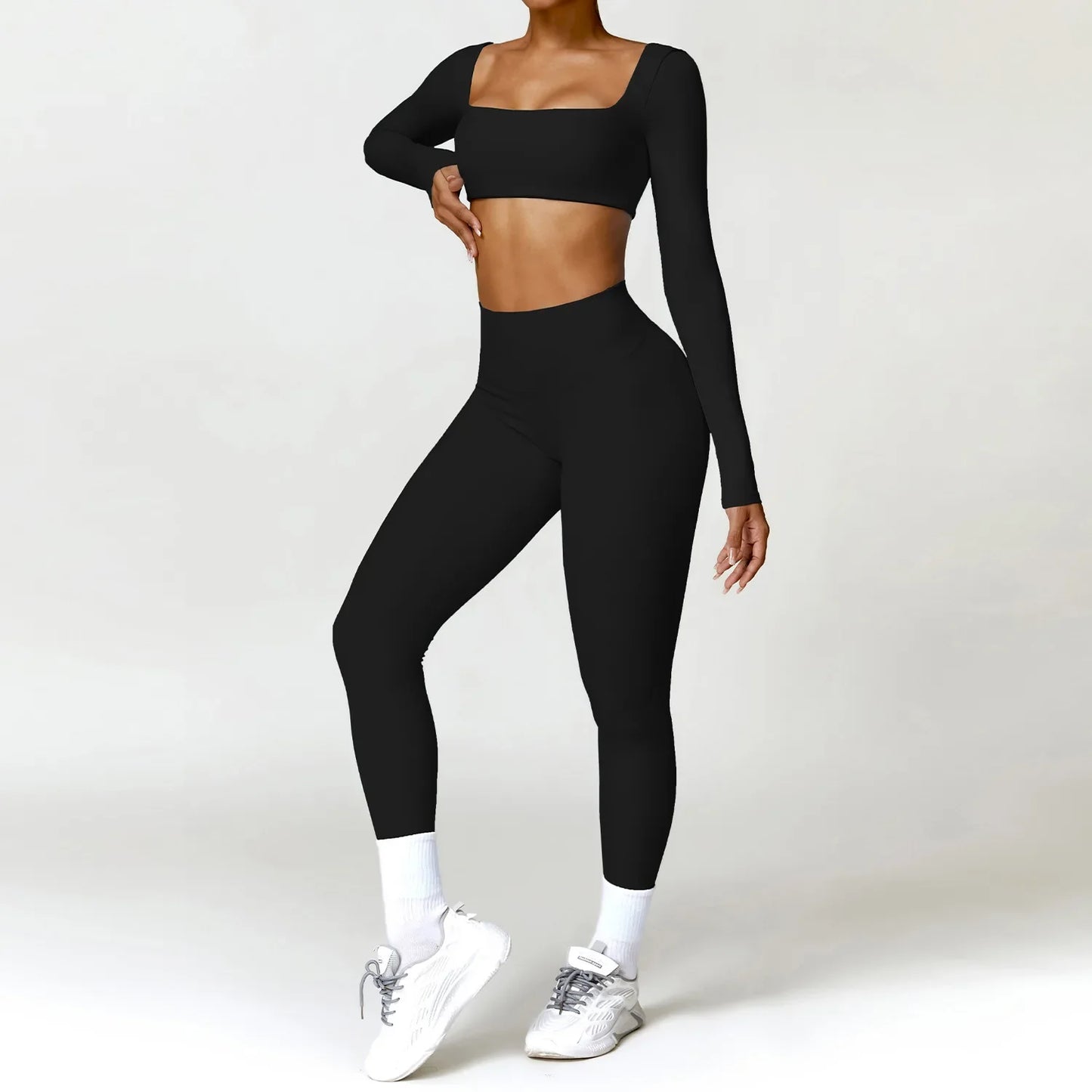 Hearuisavy 2PCS Long Sleeve Gym Set for Women, Quick-Drying Yoga Clothes, Sportswear, Running Leggings, Workout Sports Crop Top