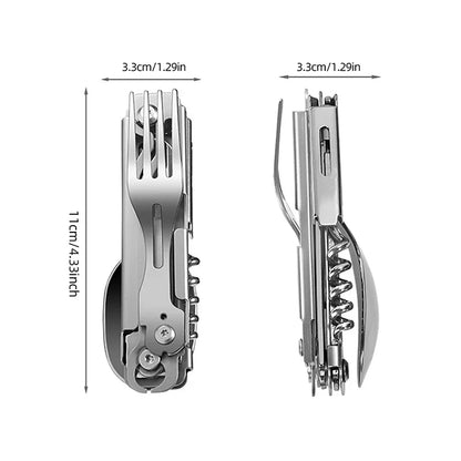 Multifunctional Portable Stainless Steel Tableware - All-in-One Knife Card Tool with Rope and Saw for Outdoor Camping Survival