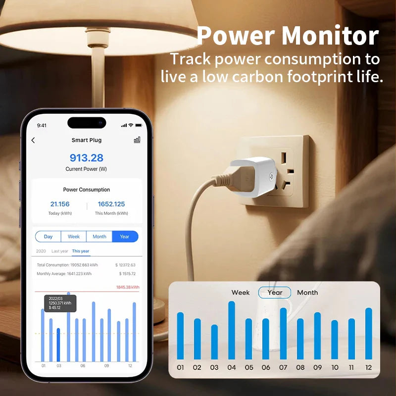 HIMOJO Tuya WiFi & Bluetooth Smart Socket – Smart Life App Control Plug with Timer, Power Monitoring & Alexa/Google Voice Support (FR Plug)