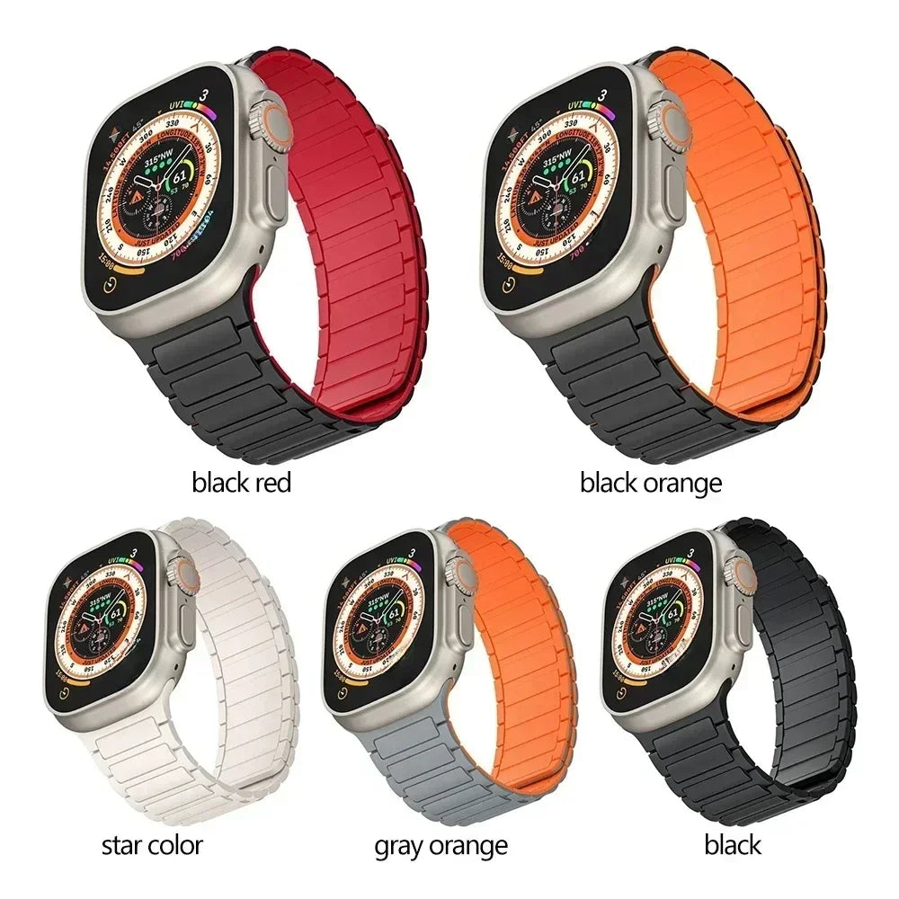 Magnetic Silicone Sports Band for Apple Watch — Fits Ultra 2 (49mm) & Series 9/8/7/6/5/4/SE/3 (38–45mm)