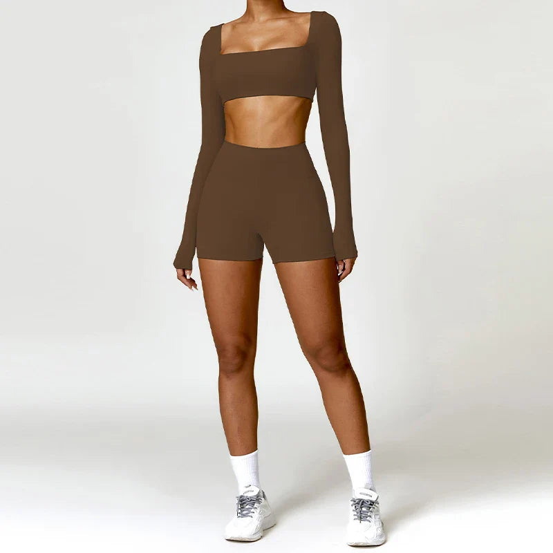 Hearuisavy 2PCS Long Sleeve Gym Set for Women, Quick-Drying Yoga Clothes, Sportswear, Running Leggings, Workout Sports Crop Top