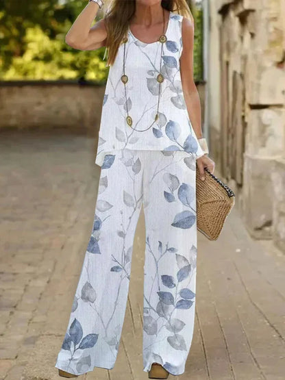 Women Printed 2-Piece Summer Suit Set – Sleeveless Round Neck Top & Wide Leg Pants Casual Loose Fit Outfit