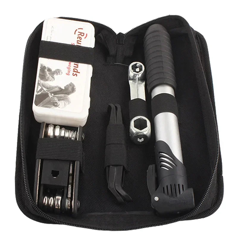 Multifunctional Bicycle Repair Kit – Pump, Tire Patch, Lever & Tools for Road Bike Maintenance