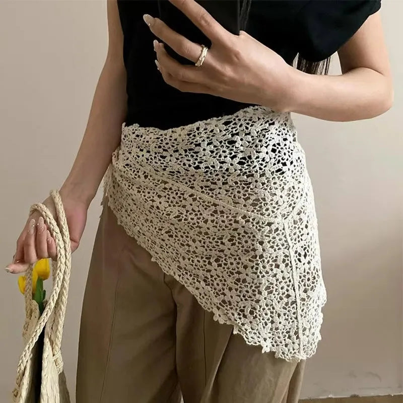 French Countryside Bohemian Waist Belt Scarf – Triangular Lace Handkerchief Knitted Fashion Waist Tie Accessory