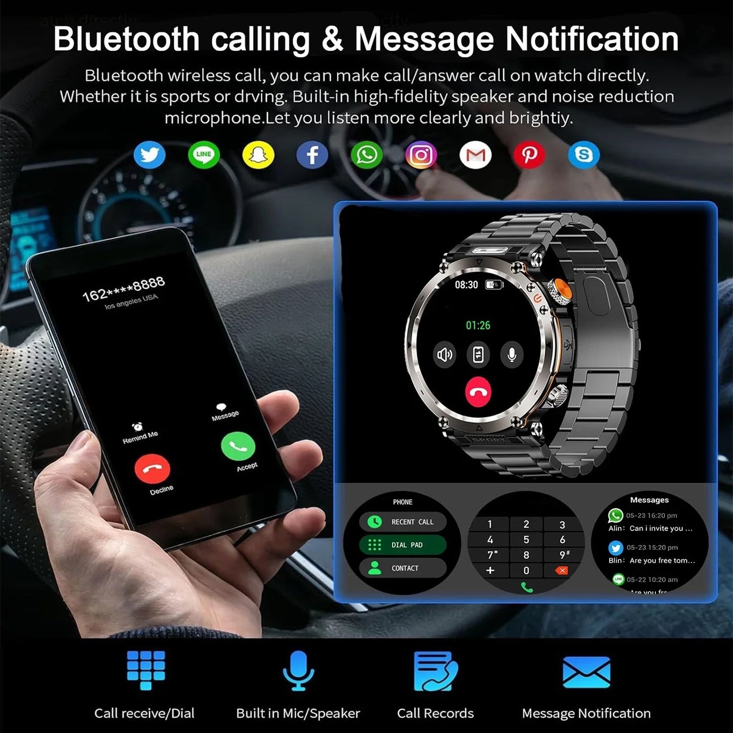 2025 5ATM Outdoor Smartwatch for Men – 600mAh Battery, LED Flashlight, Compass, Bluetooth Call, Heart Rate, IP68 Sports Watch