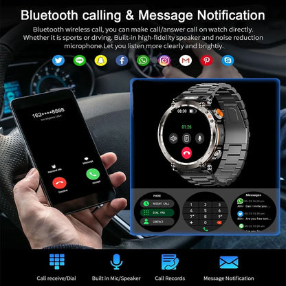 2025 5ATM Outdoor Smartwatch for Men – 600mAh Battery, LED Flashlight, Compass, Bluetooth Call, Heart Rate, IP68 Sports Watch