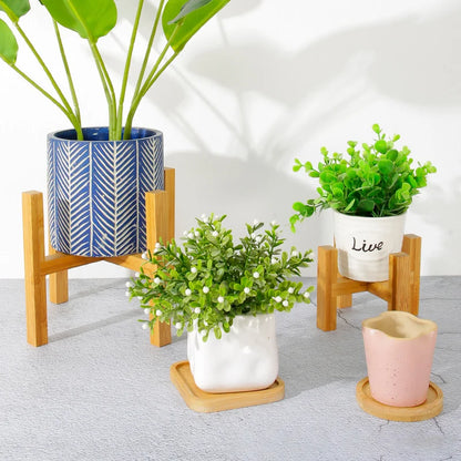 Small Durable Wood Planter Pot Rack - Free Standing Flower Pot Holder for Home Garden Indoor Display and Bonsai Stand with Tray