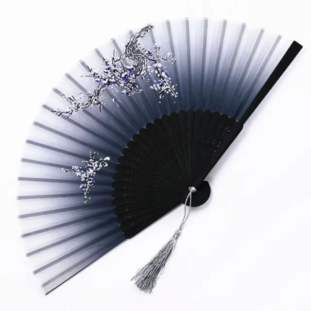 Bamboo Folding Fan with Silk — Chinese & Japanese Style Handheld Fan, Antique Art Craft for Summer Dance, Home Decor & Party