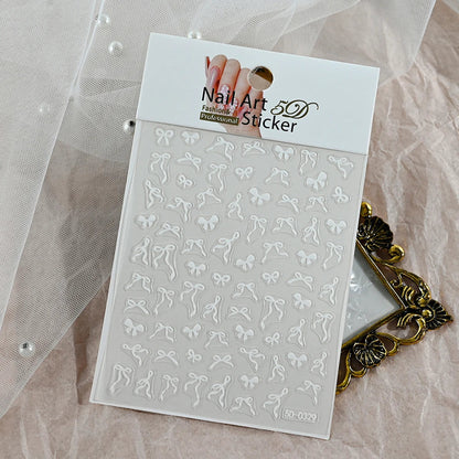 5D White Lace Bowknot Nail Art Stickers – Self-Adhesive Pearl Ribbon Luxury Nail Decals for DIY Manicure Decoration