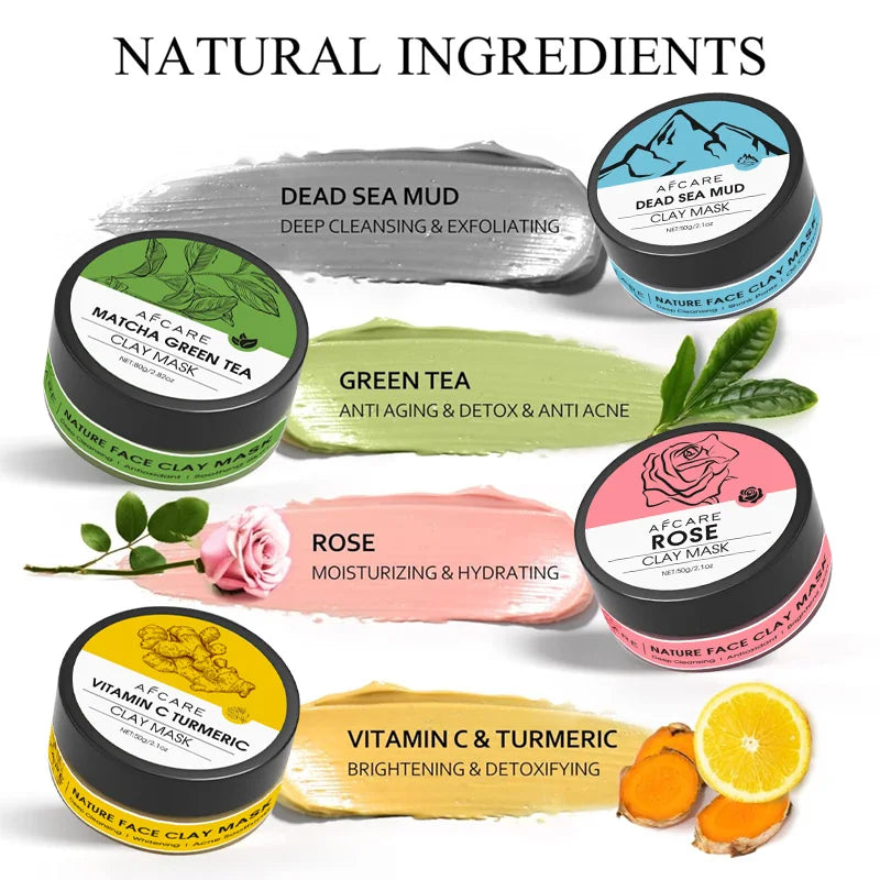 4pcs Clay Facial Mask Set — Turmeric, Vitamin C, Green Tea & Rose Clay for Deep Cleansing, Moisturizing & Pore Refining (320g)