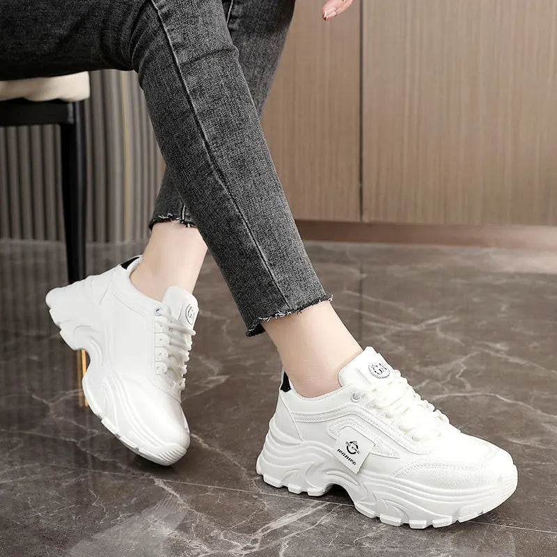 Women’s Leather Sneakers – Height-Increasing Lace-Up Platform Shoes, Casual Outdoor Vulcanized Designer Footwear