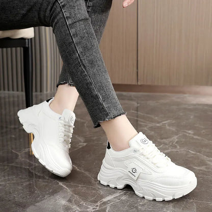 Women’s Leather Sneakers – Height-Increasing Lace-Up Platform Shoes, Casual Outdoor Vulcanized Designer Footwear
