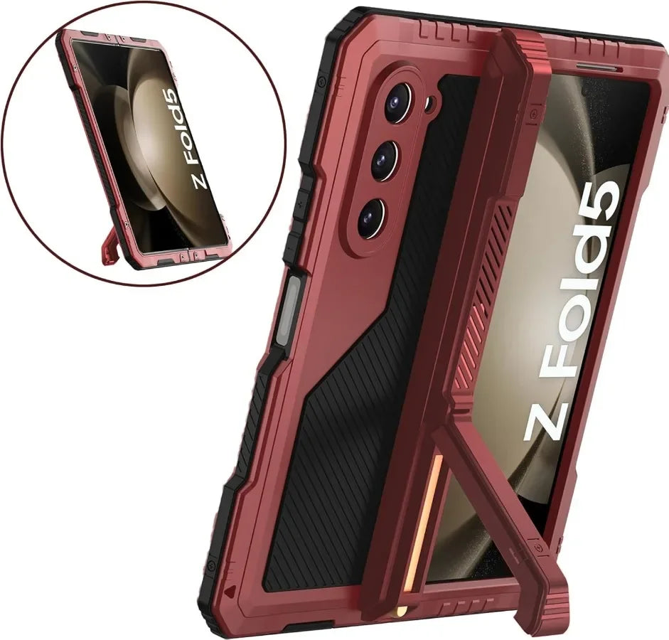 3-Layer Heavy Duty Metal Case for Samsung Galaxy Z Fold 6/5/4 – Shockproof Aluminum & Silicone Cover with Stand and Screen Film