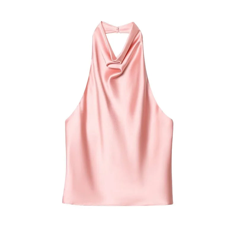 Women's Satin Halter Backless Camisole Top – Off Shoulder Summer Beach Tank Blouse