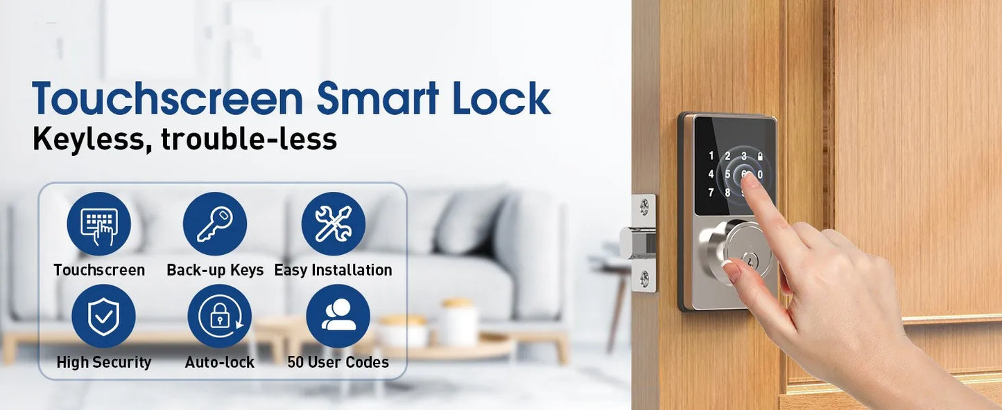 Smart Keyless Door Lock with Touchscreen Keypad – Password & App Unlock, Easy Install, Supports 50 User Codes