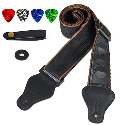 7 Piece Black PU Leather & Cotton Guitar Strap Set for Ukulele & Bass - Musical Instrument Accessory