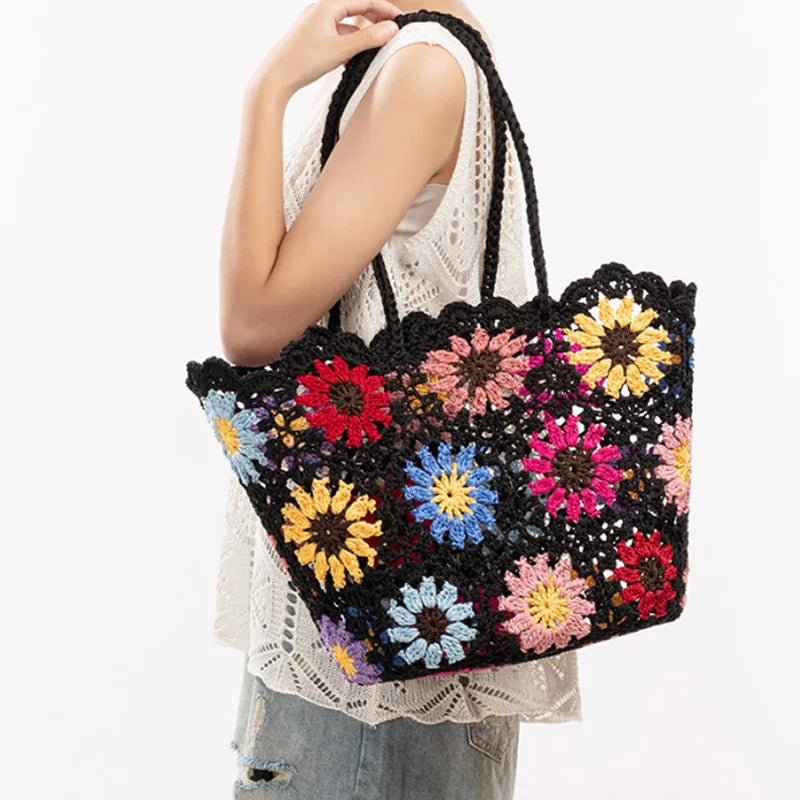 Women’s Handwoven Hollow Flower Handbag – Fashion Leisure Travel Tote Shoulder Bag for Vacation & Everyday Use