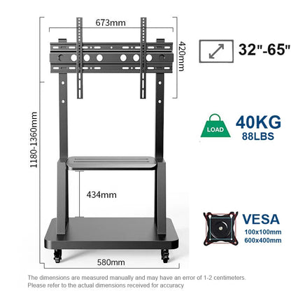 Mobile Rolling TV Stand Cart for 32–75 Inch TVs – Height Adjustable Floor Stand with Lockable Wheels, Max VESA 600x400mm