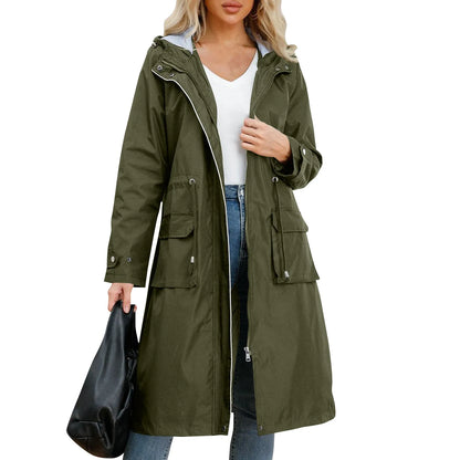 Women’s Hooded Trench Coat - Long Sleeve Solid Color Windbreaker with Elegant British Style