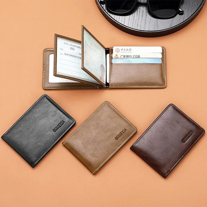 Retro Leather Driver’s License Wallet – Ultra-Thin Men’s ID Card Holder with Coin Purse, Multifunctional Slim Solid Color Short Wallet