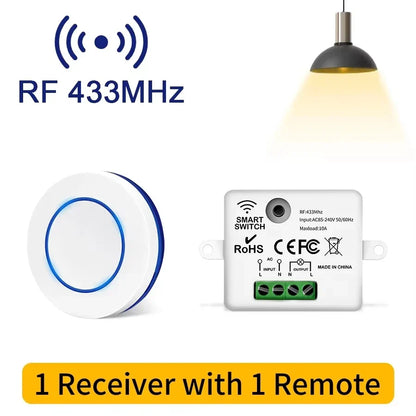 433MHz Wireless Relay Switch - 10A Remote Control Light Receiver with Wall Panel for LED Lamps 110V 220V