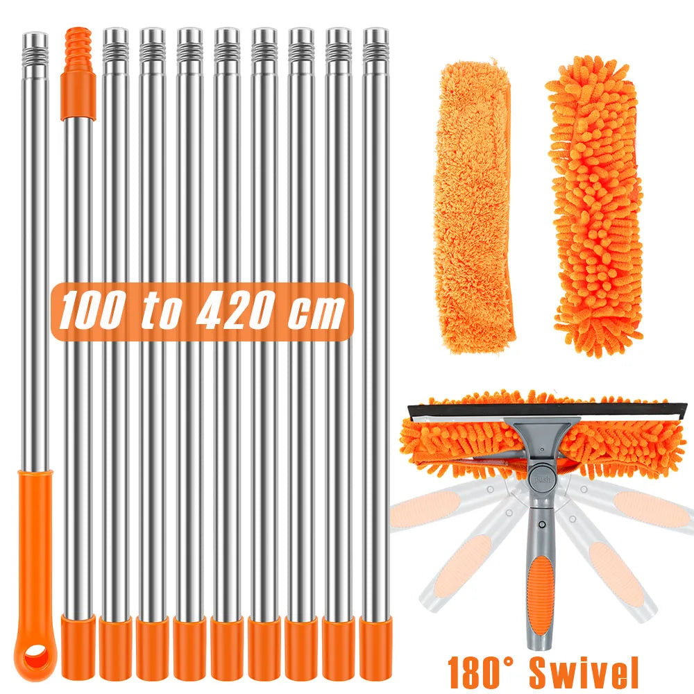 100–420CM Extendable Window Cleaning Kit | 2-in-1 Double-Sided Glass Squeegee & Duster Mop | 180° Swivel Window Cleaner Tool