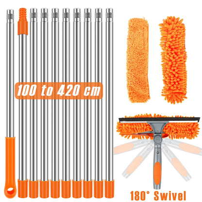 100–420CM Extendable Window Cleaning Kit | 2-in-1 Double-Sided Glass Squeegee & Duster Mop | 180° Swivel Window Cleaner Tool