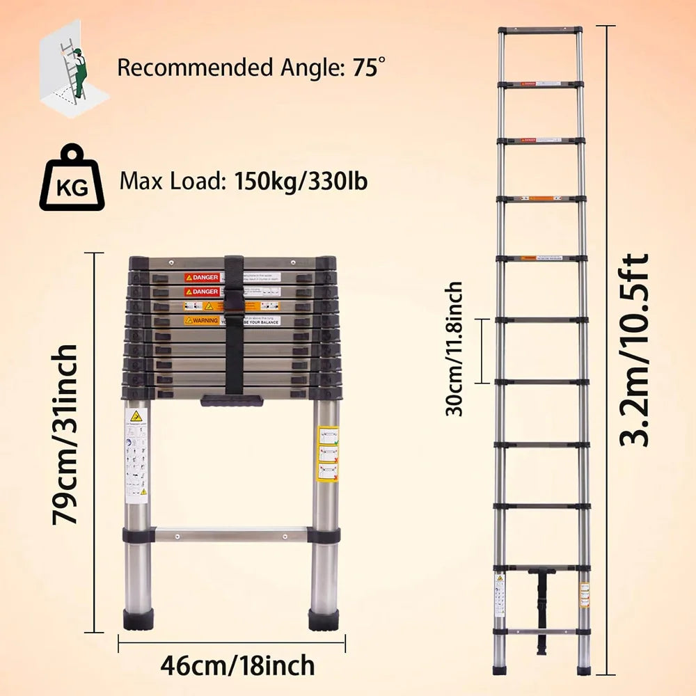 Telescopic Extension Ladder 2.6M-5M – Heavy Duty Folding Loft & Straight Ladder, Stainless Steel, Portable & Multi-Purpose Tool