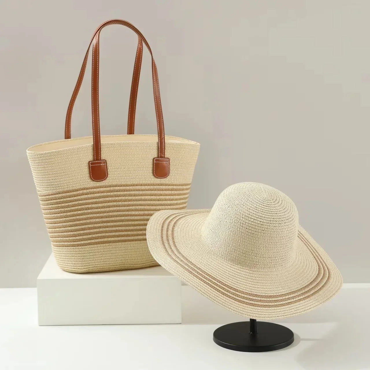 French Style Straw Handbag & Summer Beach Hat Set – Woven Bucket Bag with Fine Stripes