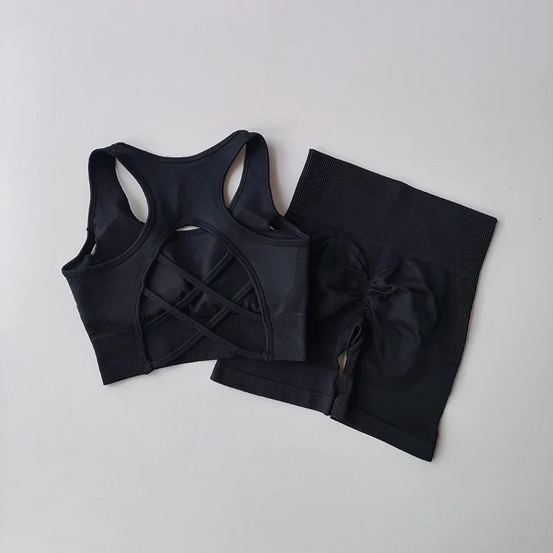 2-Piece Women’s Seamless Yoga Set – Sexy Sport Bra & High-Waist Shorts, Sleeveless Gym Fitness Workout Sportswear