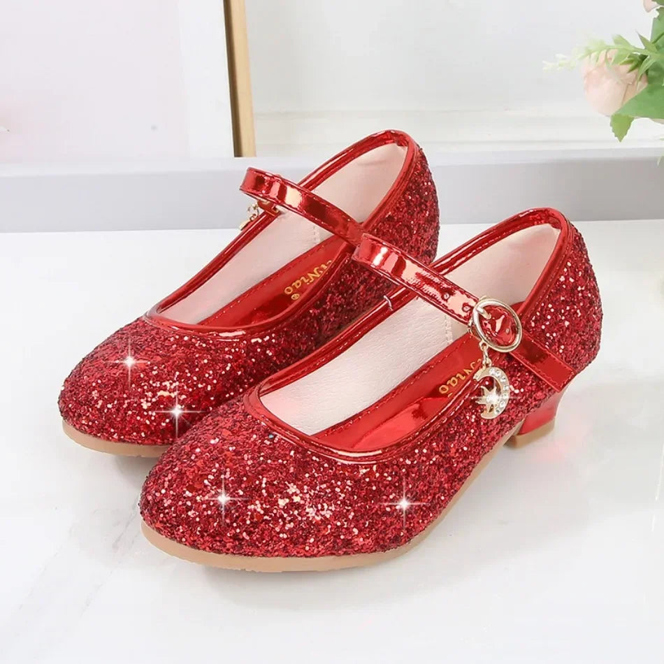 Girls Glitter Crystal High Heel Sandals - Buckle Princess Dance & Performance Shoes