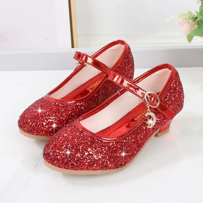 Girls Glitter Crystal High Heel Sandals - Buckle Princess Dance & Performance Shoes
